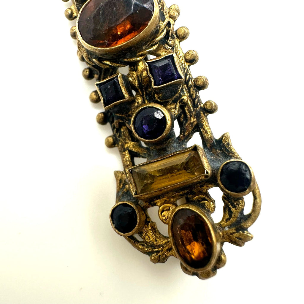 Antique 1800s gold gilt multicolor glass gems Etruscan Revival bar pin brooch