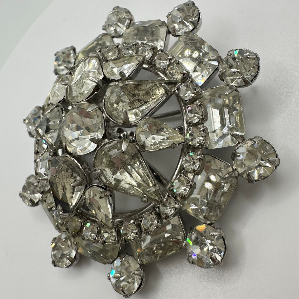 1950s vintage silver tone clear rhinestones sawtooth prong round domed 3D brooch