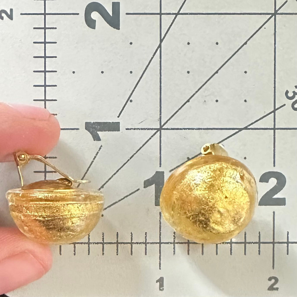 Vintage gold tone hand blown crackled clear Murano art glass clip on earrings