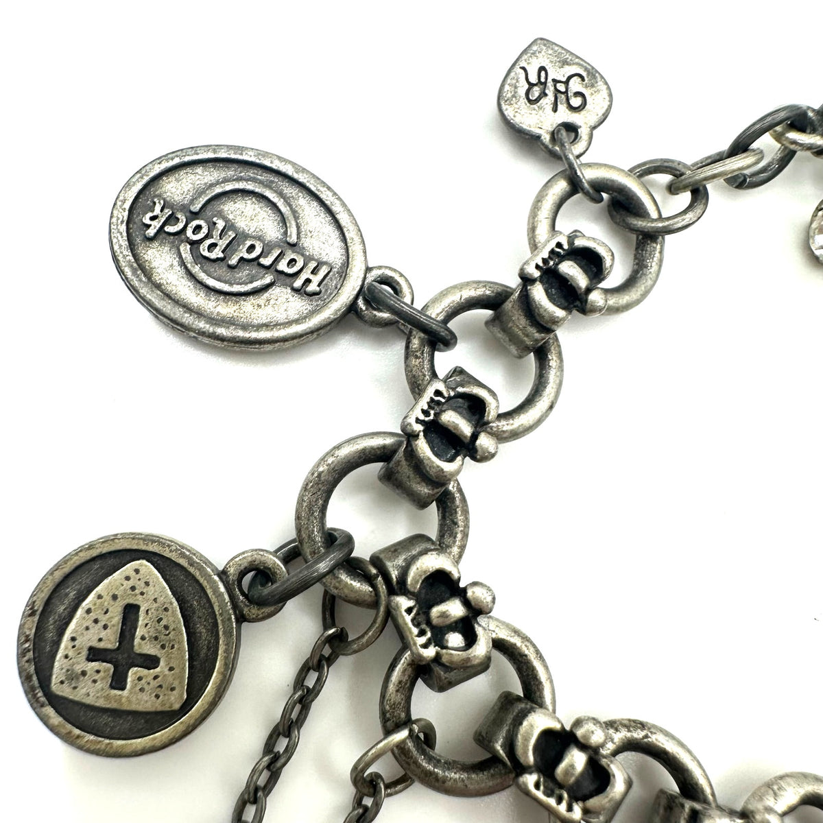 Y2K Hard Rock Cafe Hotel silver tone punk hanging chains charms bracelet 8”