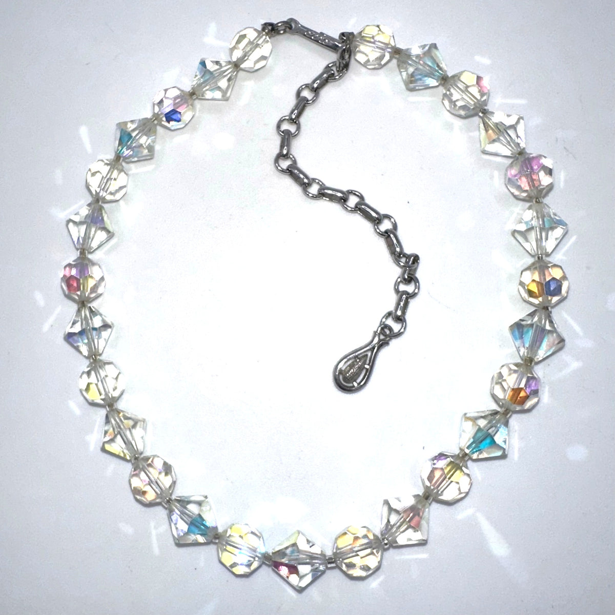 Coro 1950s vintage clear faceted glass aurora borealis AB beads beaded necklace