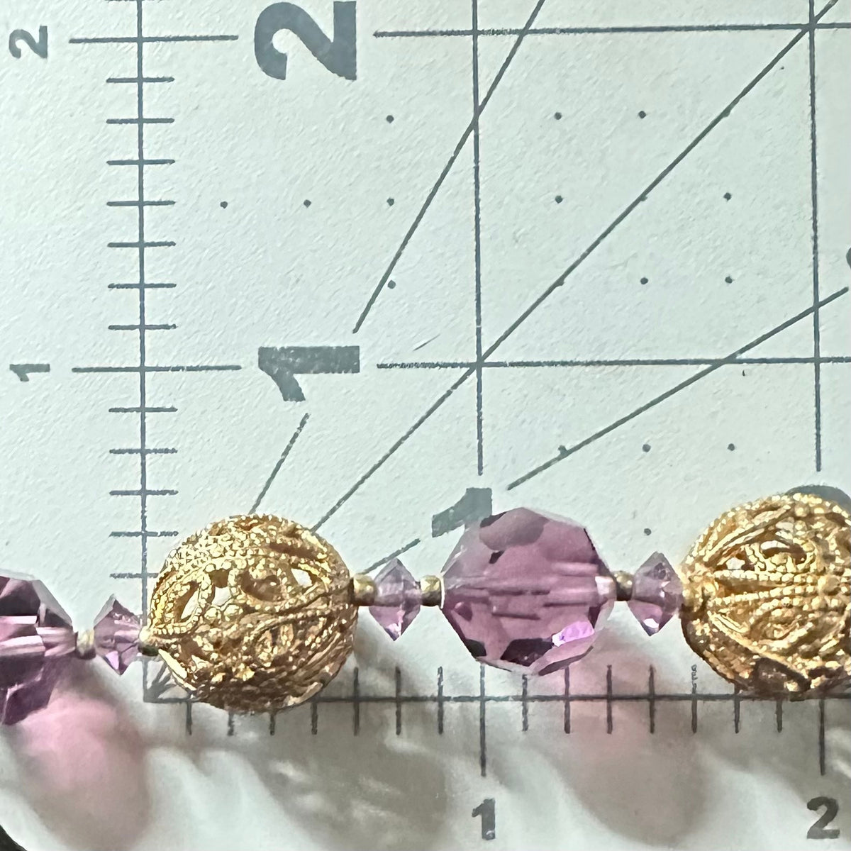 1950s vintage purple glass beads gold tone filigree graduated necklace