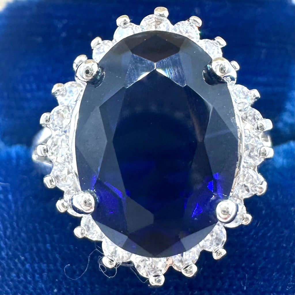Avon RJ 125th anniversary silver tone royal blue clear cubic zirconia ring 7.5