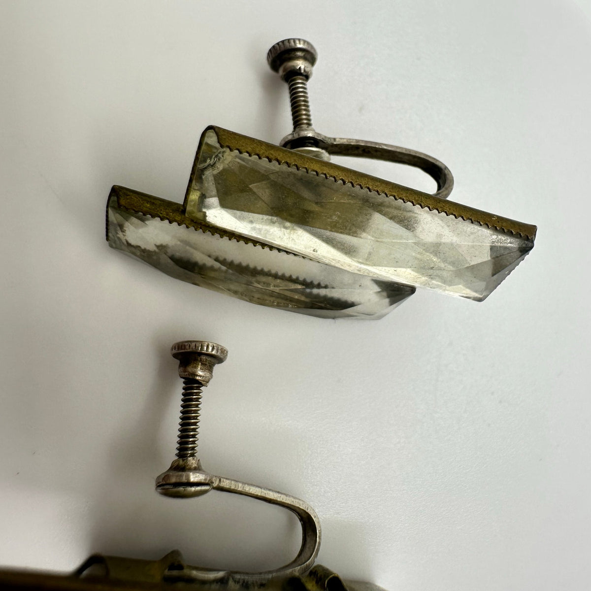 Antique Art Deco 1920s brass Czech glass sterling silver screw back earrings