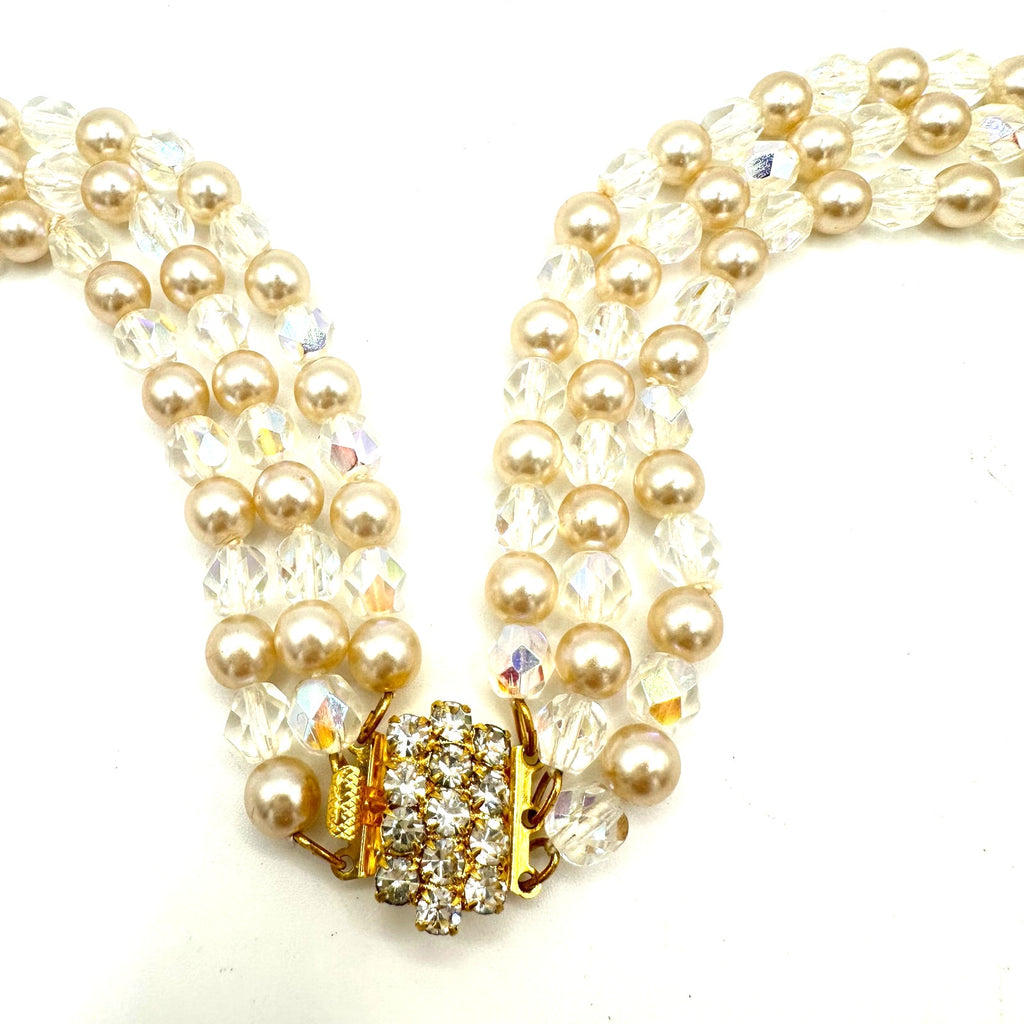 Vintage 3 multi strand AB aurora borealis glass pearls beaded necklace