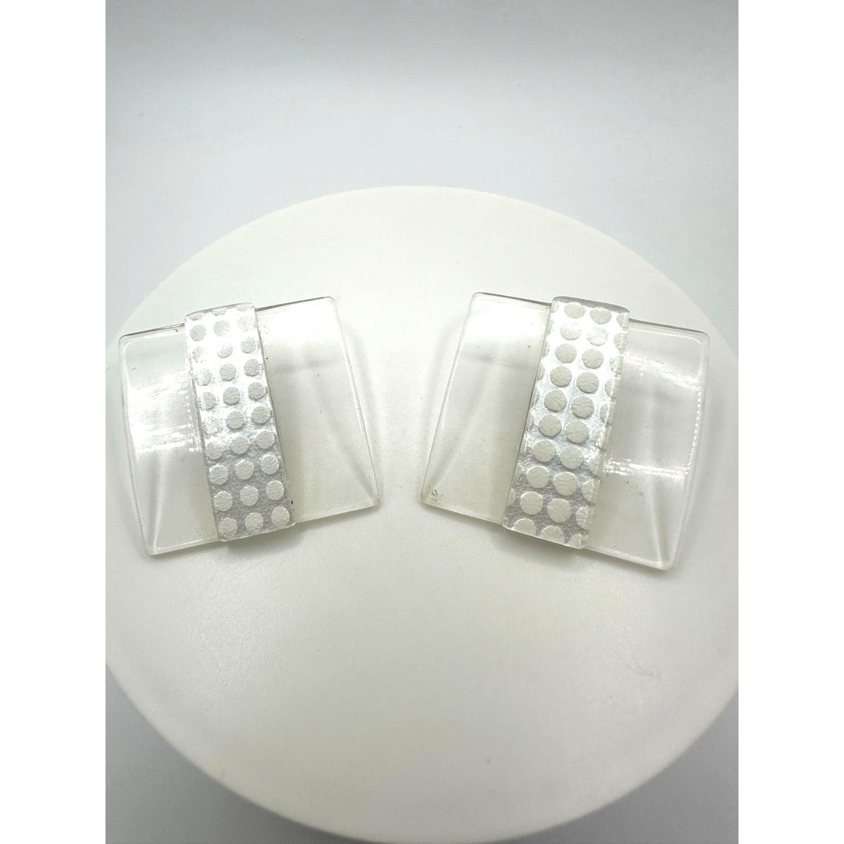 Vintage large 1.5" square clear white silver tone dotted lucite clip on earrings