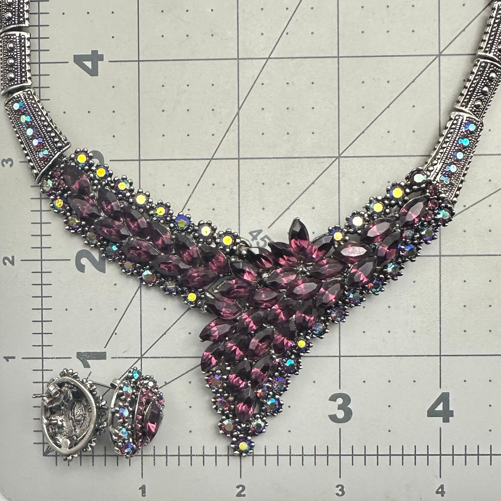 Modern fashion silver tone purple aurora borealis rhinestones necklace earrings