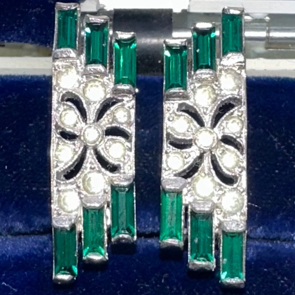 Panetta vintage silver tone clear emerald green rhinestones clip on earrings