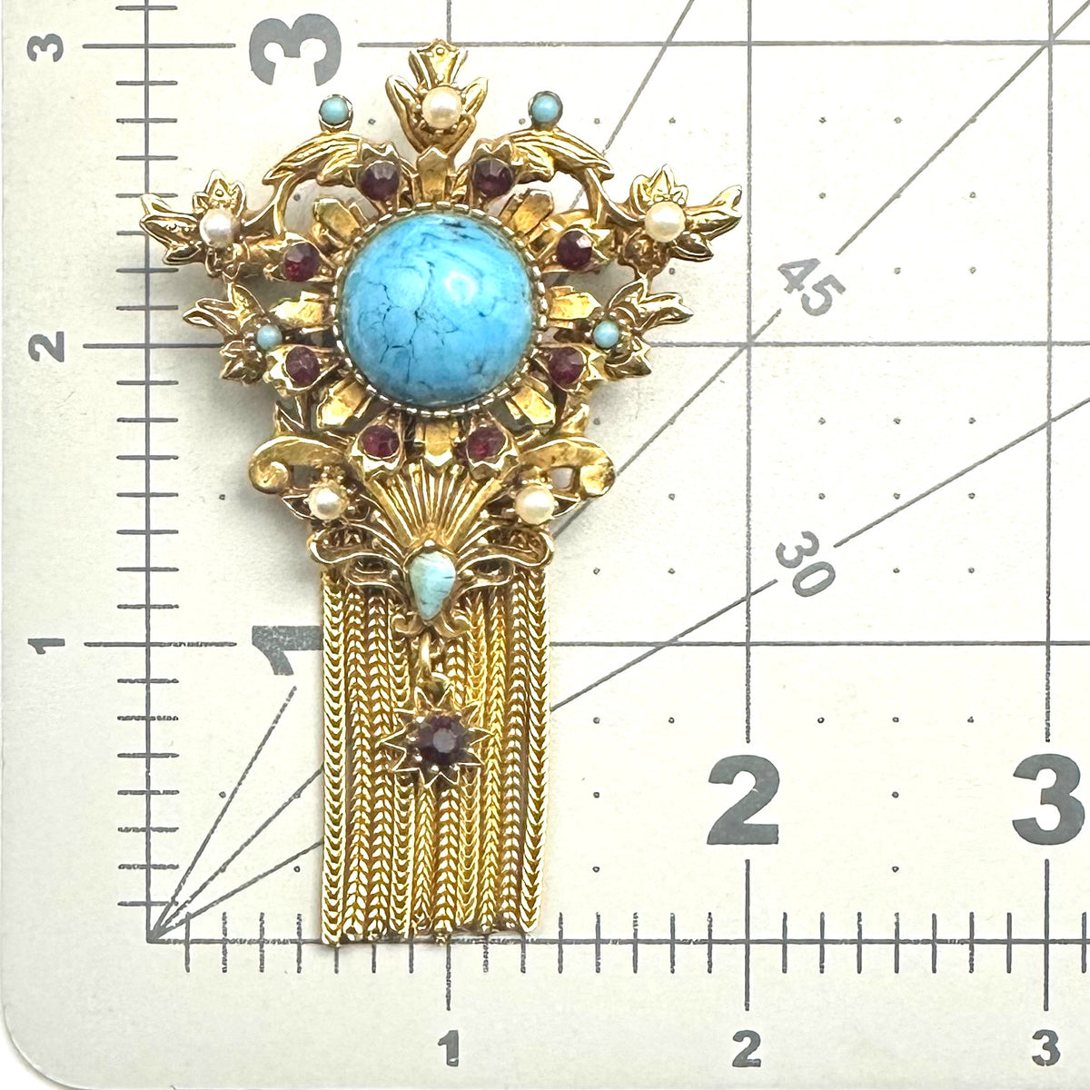 Florenza Victorian Revival gold tone fringe rhinestones art glass brooch pendant