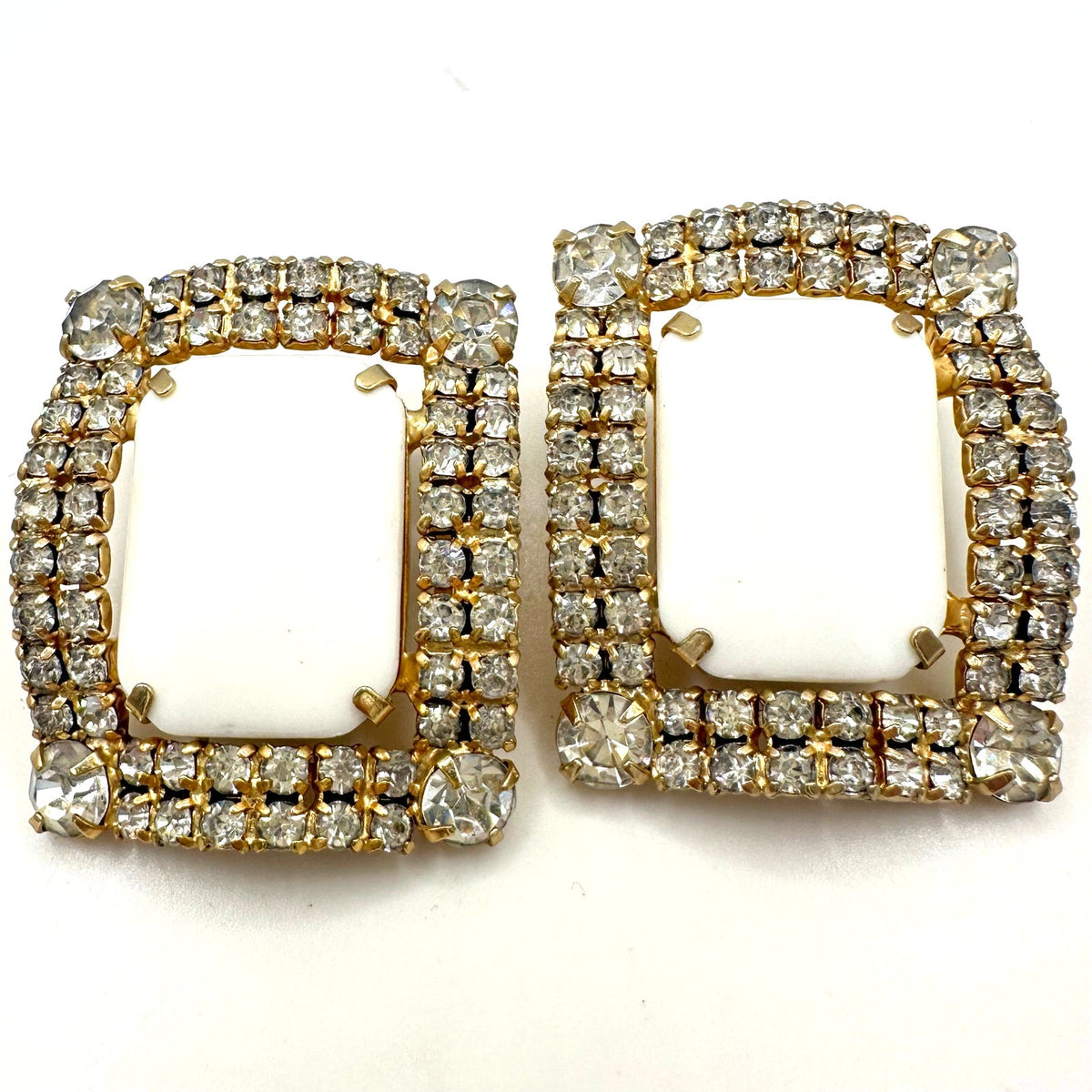 Vintage massive gold tone rectangular milk glass rhinestones clip on earrings