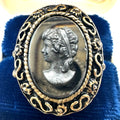 Vintage 1960s gold tone black hematite glass cameo adjustable cocktail ring