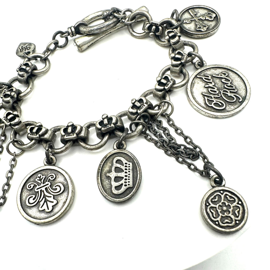 Y2K Hard Rock Cafe Hotel silver tone punk hanging chains charms bracelet 8”