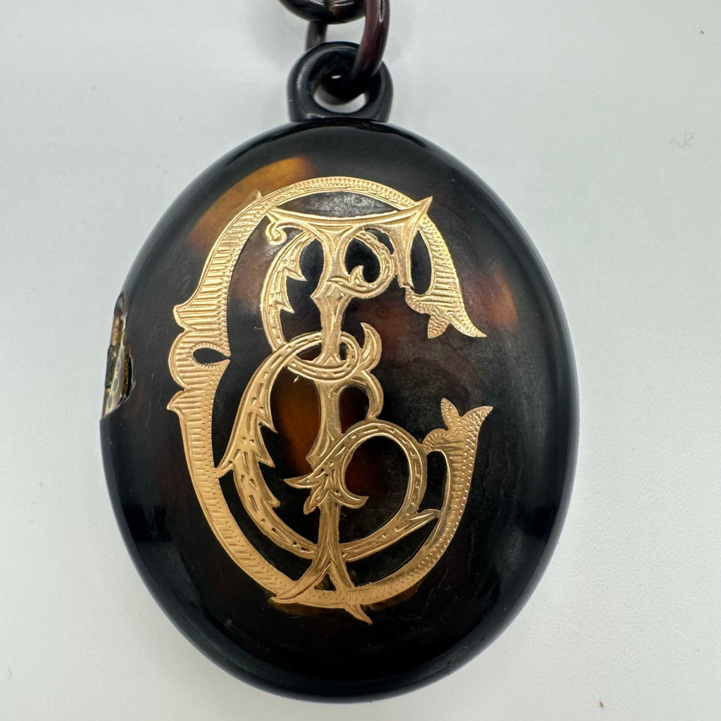 Antique Victorian 1800s Pique "faux" tortoise shell 14kt gold inlay locket chain