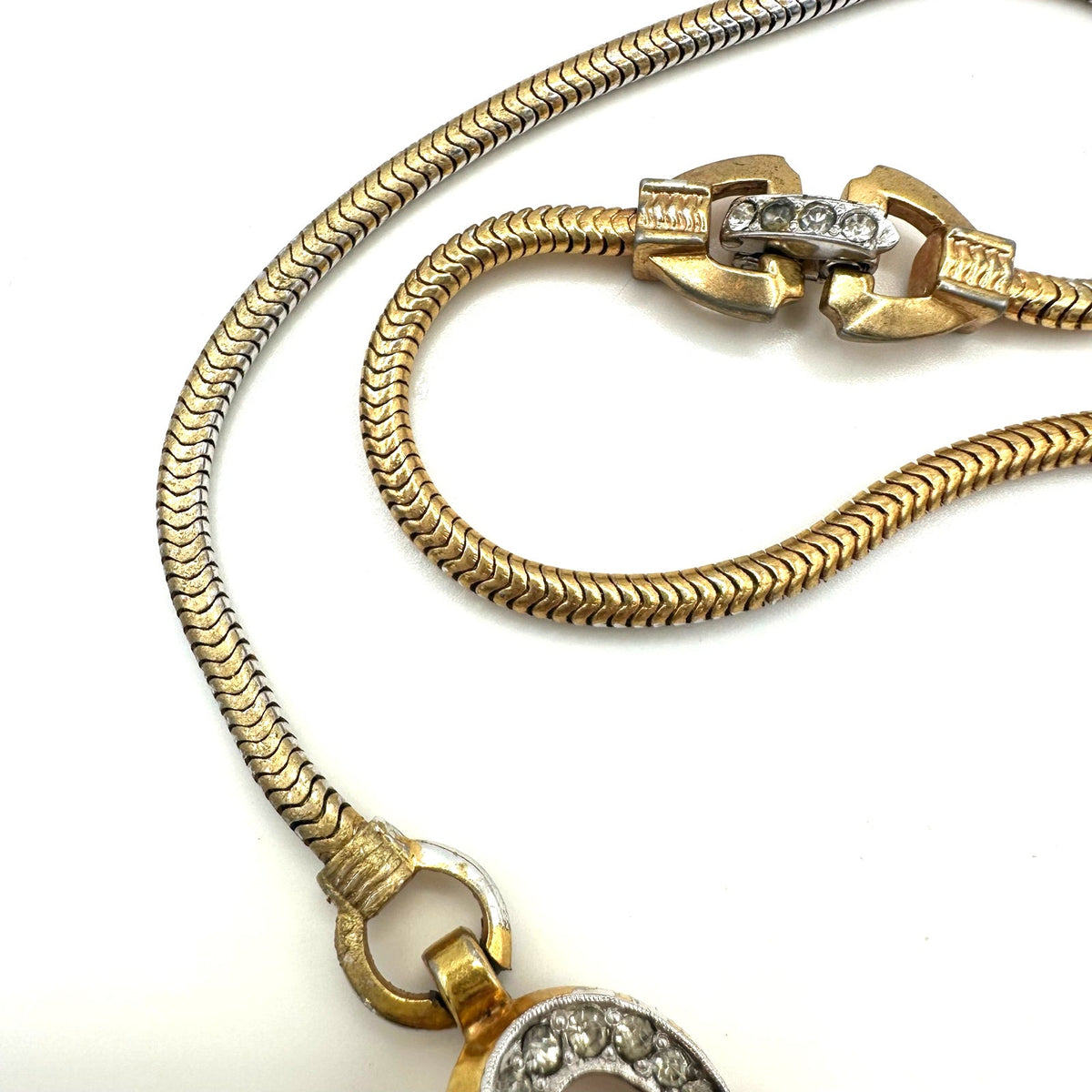 Joseph Mazer vintage gold plated clear purple rhinestones pendant chain necklace