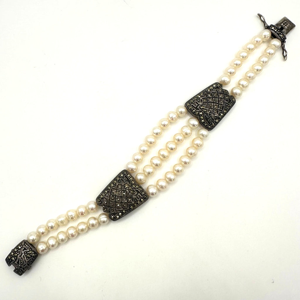 NF Thailand 925 sterling silver marcasite real freshwater pearls bracelet 32.40g