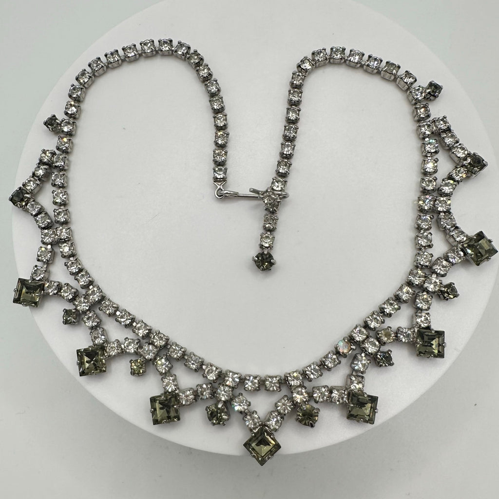 1940s 1950s vintage silver tone clear gray glass rhinestones swag necklace