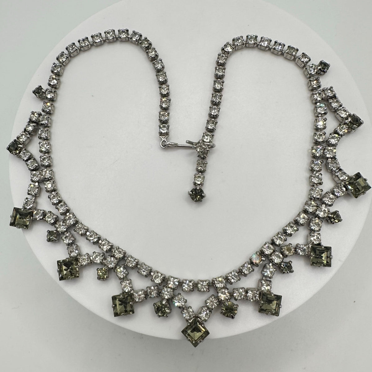 1940s 1950s vintage silver tone clear gray glass rhinestones swag necklace