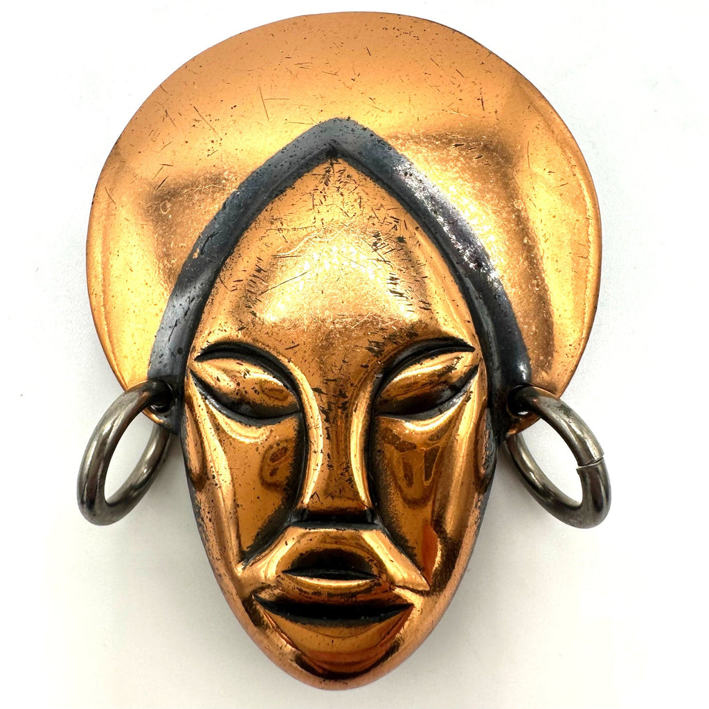 Vintage Elzac style solid copper gold silver tone tribal face figural brooch