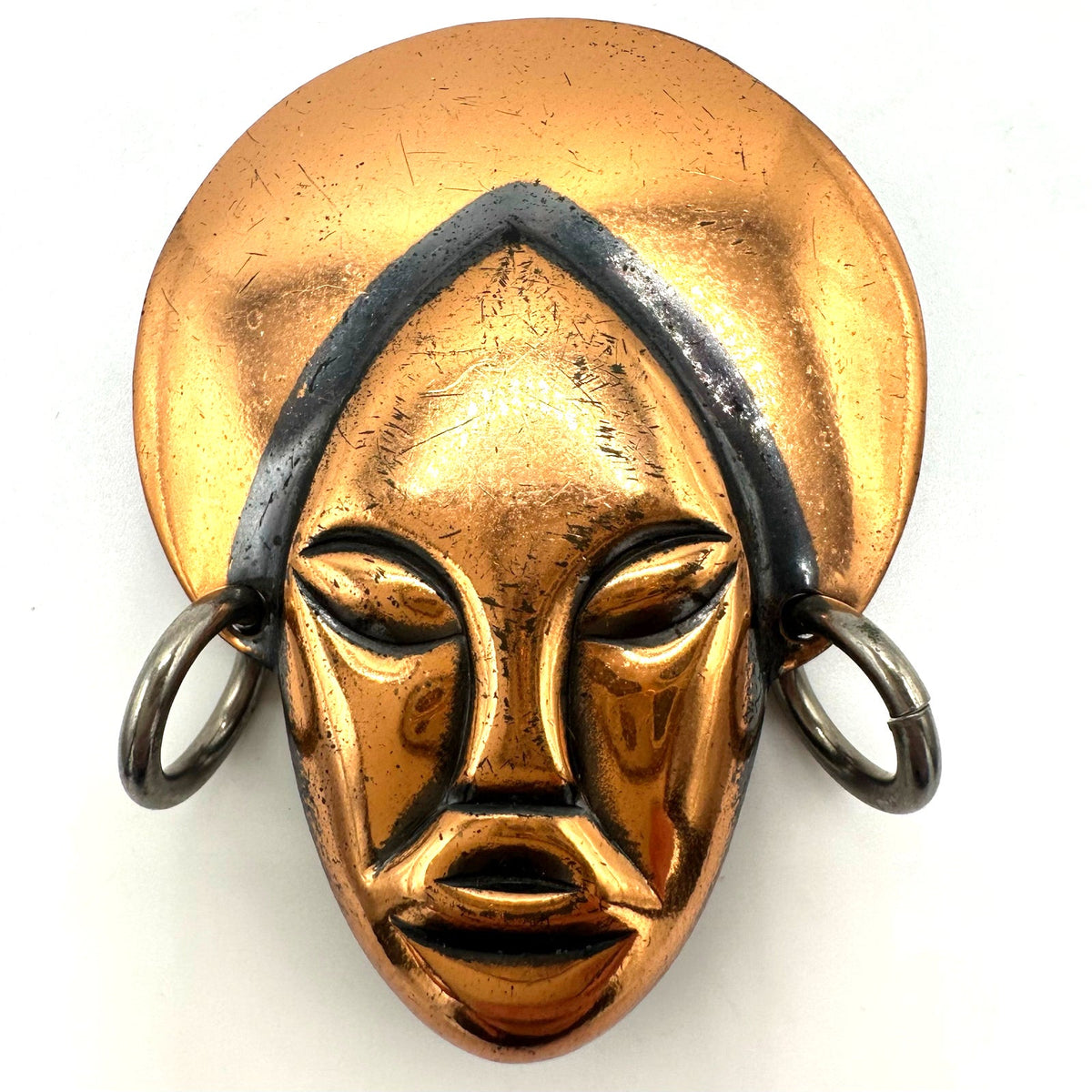 Vintage Elzac style solid copper gold silver tone tribal face figural brooch