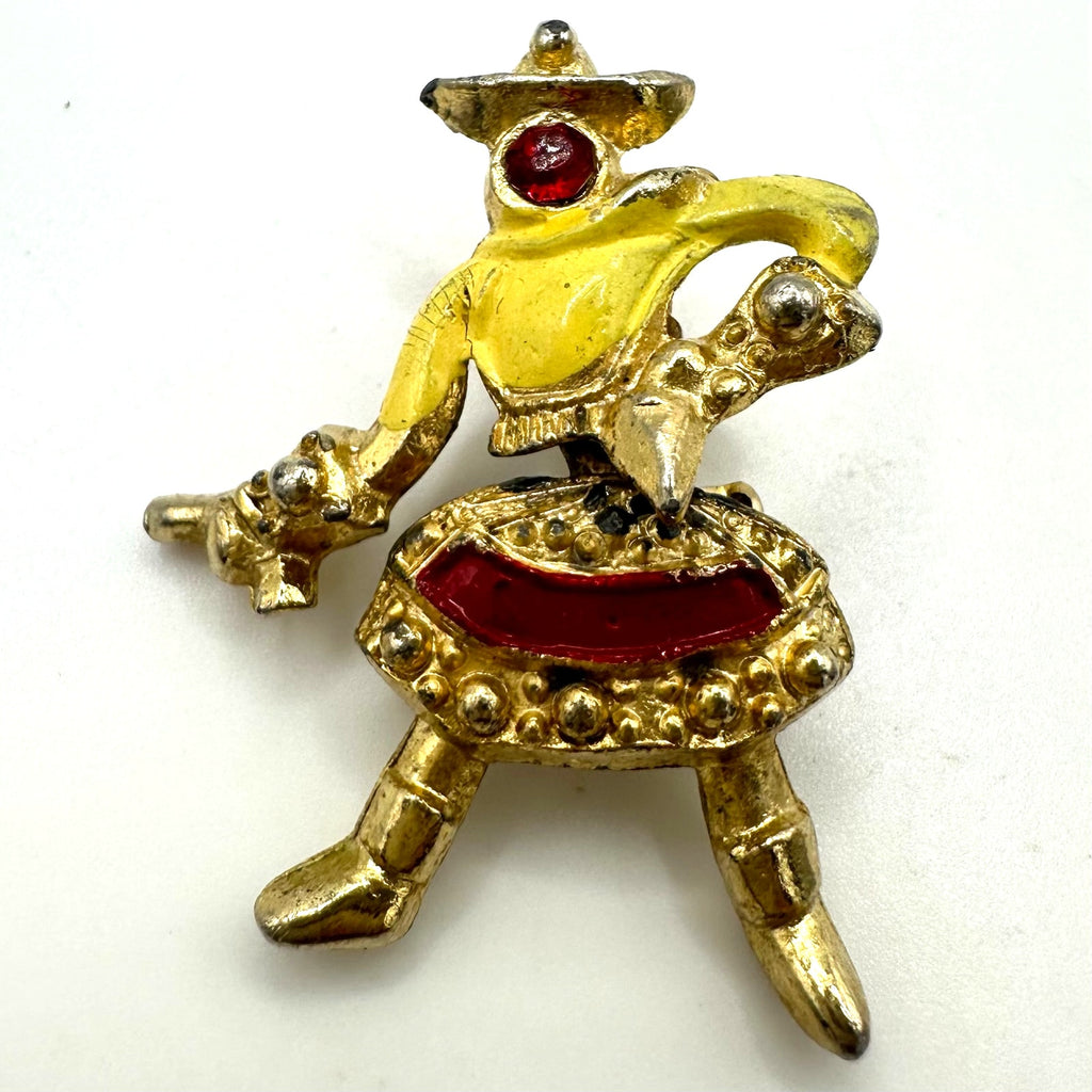 1940s vintage retro gold tone rhinestone enamel articulated figural brooch