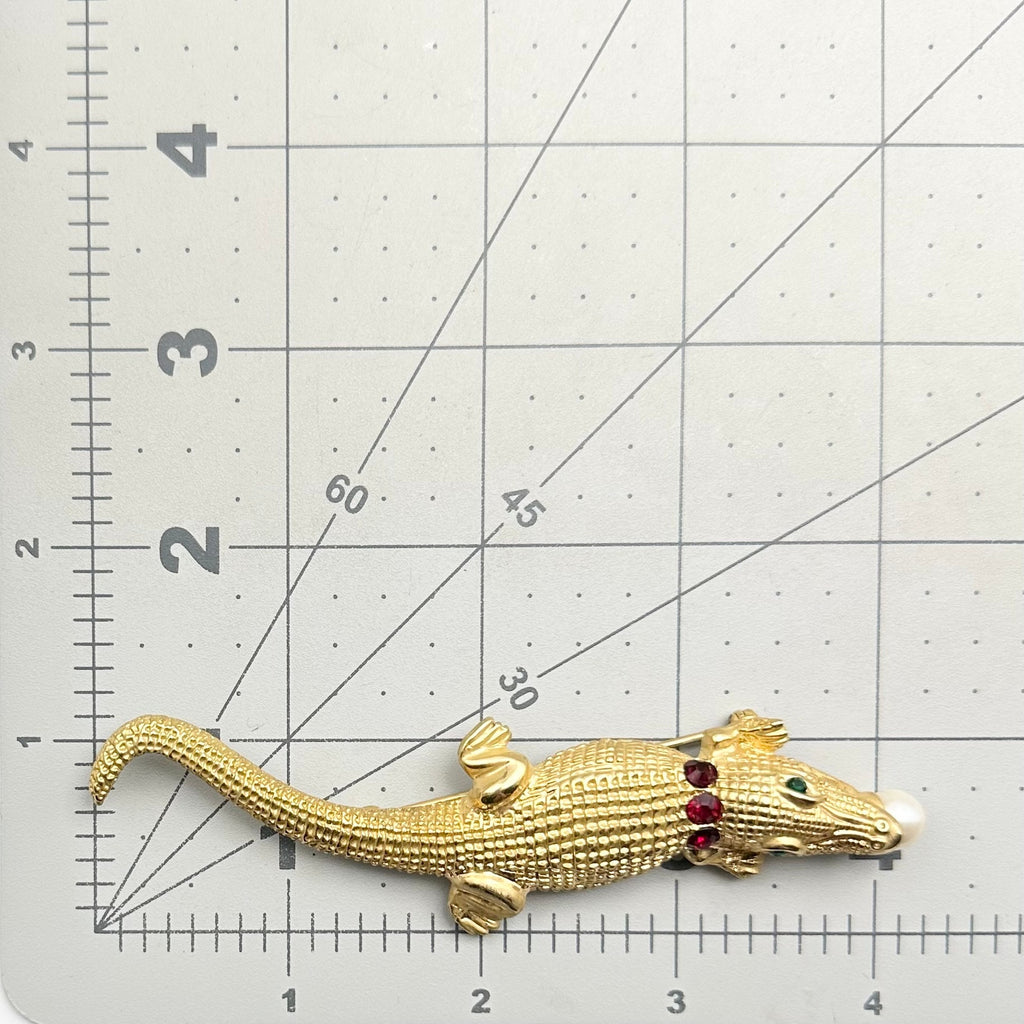 Vintage large gold tone red green rhinestones pearl alligator figural brooch