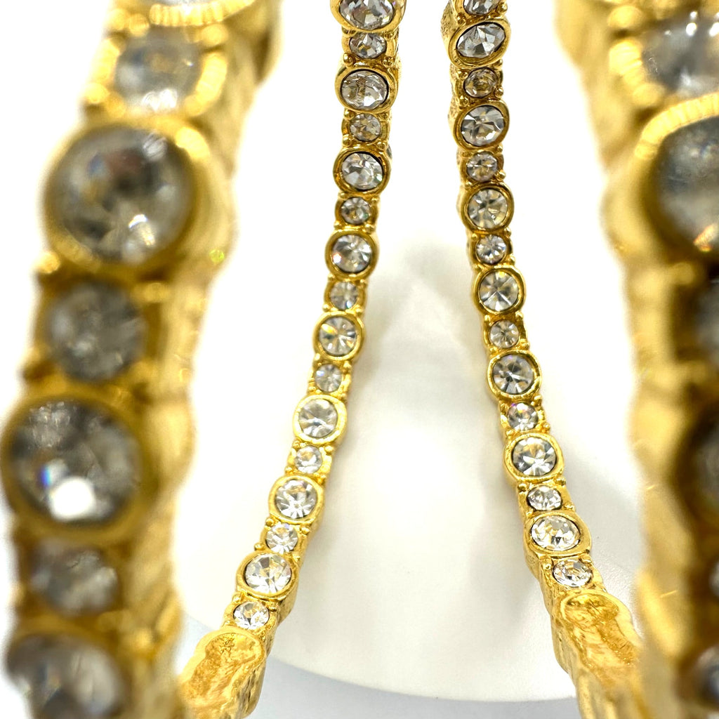 China signed gold tone clear rhinestones chunky hoops statement clip on earrings