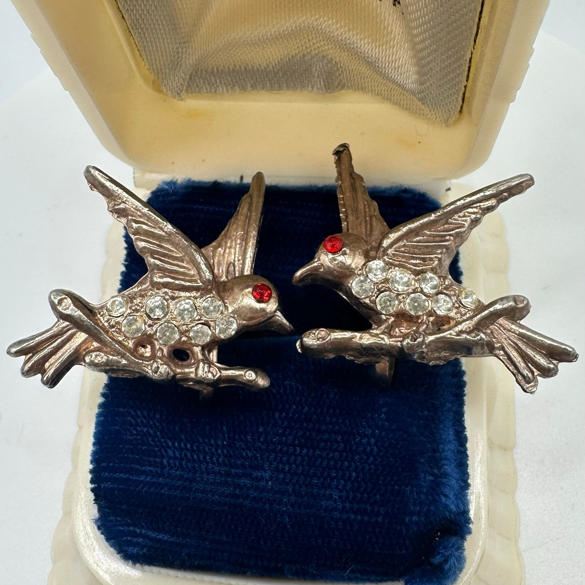 1940s gold plated swallows birds clear red rhinestones screw back earrings