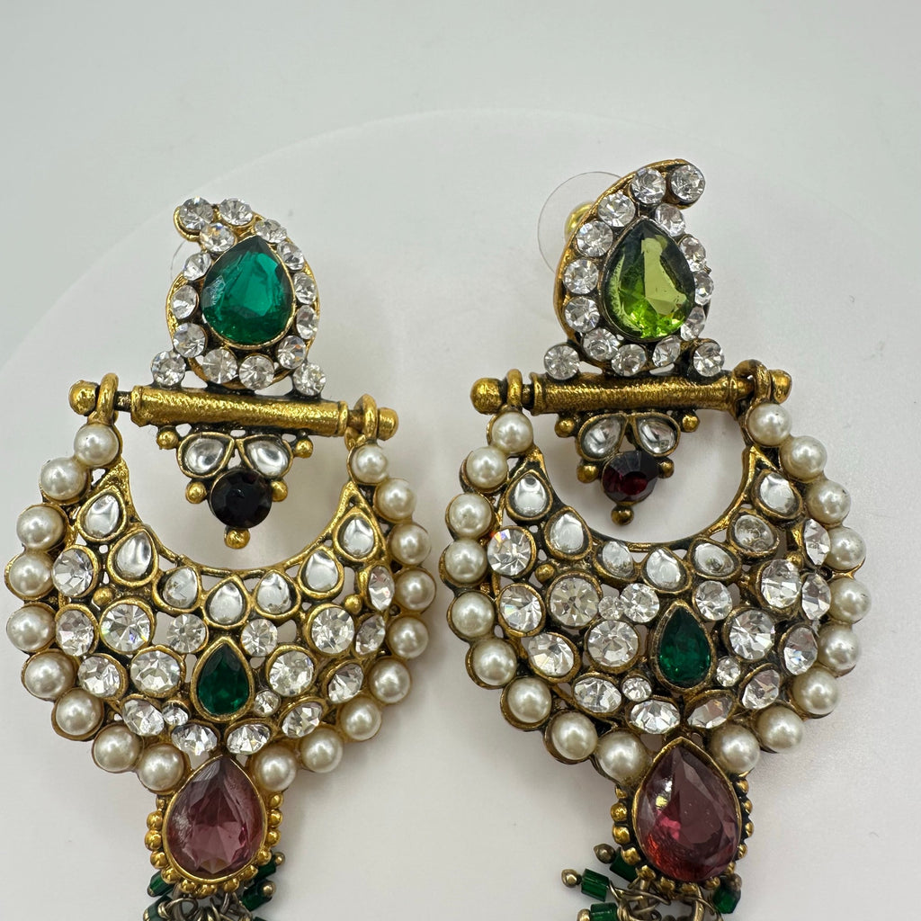 Indian Bridal gold kundan green purple glass rhinestones faux pearl earrings