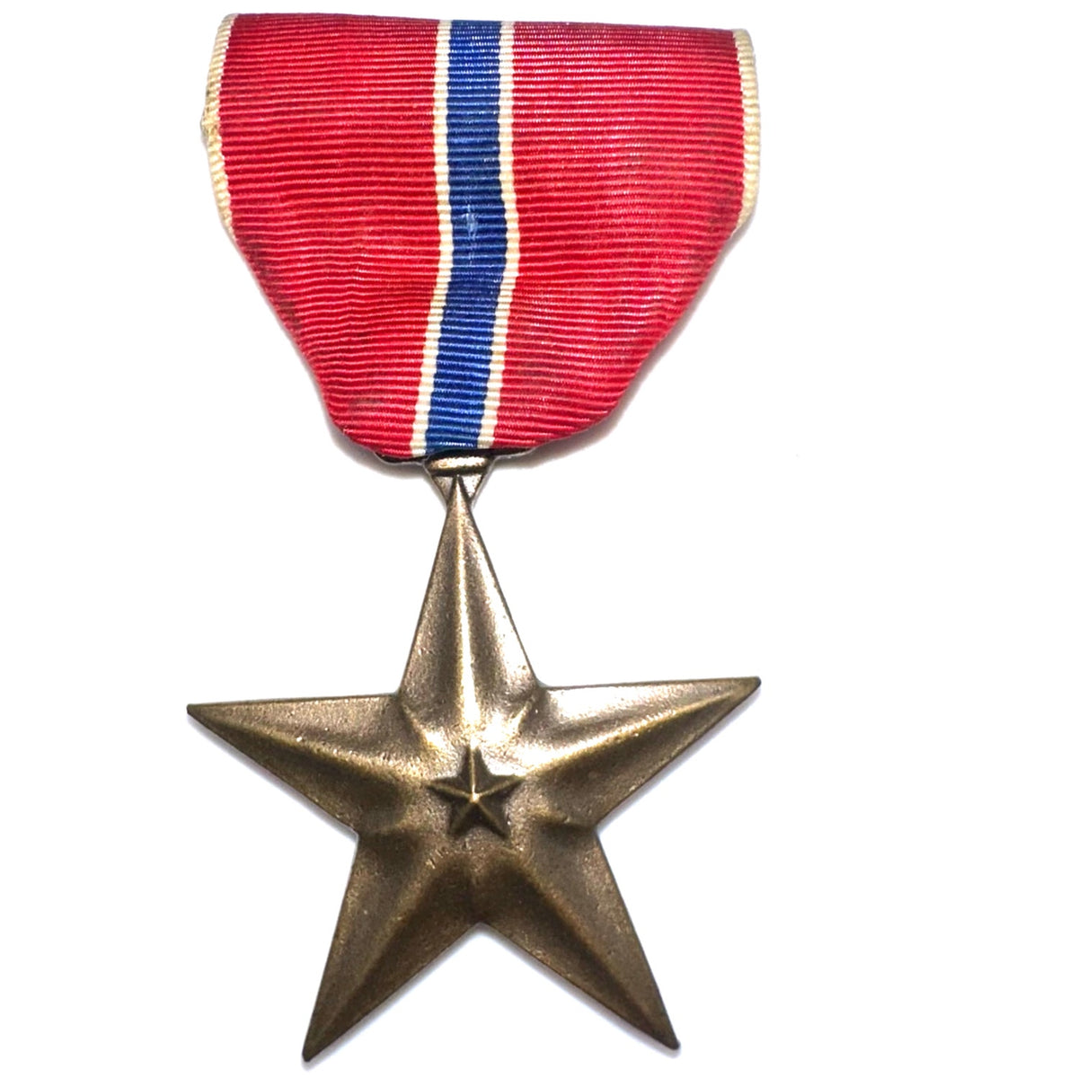 Vintage 1940s World War Two WWII bronze star medal red blue ribbon pin brooch