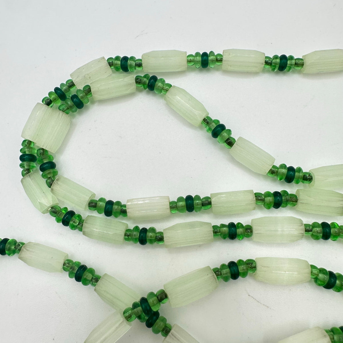 Antique vintage mint emerald green Czech satin art glass beaded 50" necklace