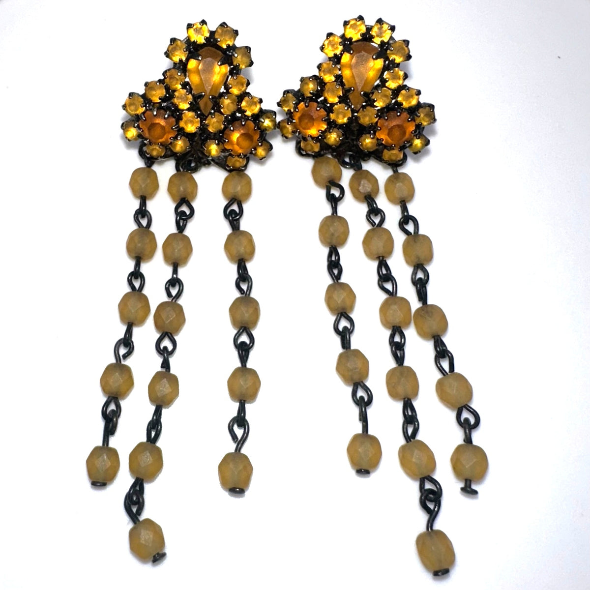 Vintage silver pewter tone topaz rhinestones beaded fringe drop post earrings