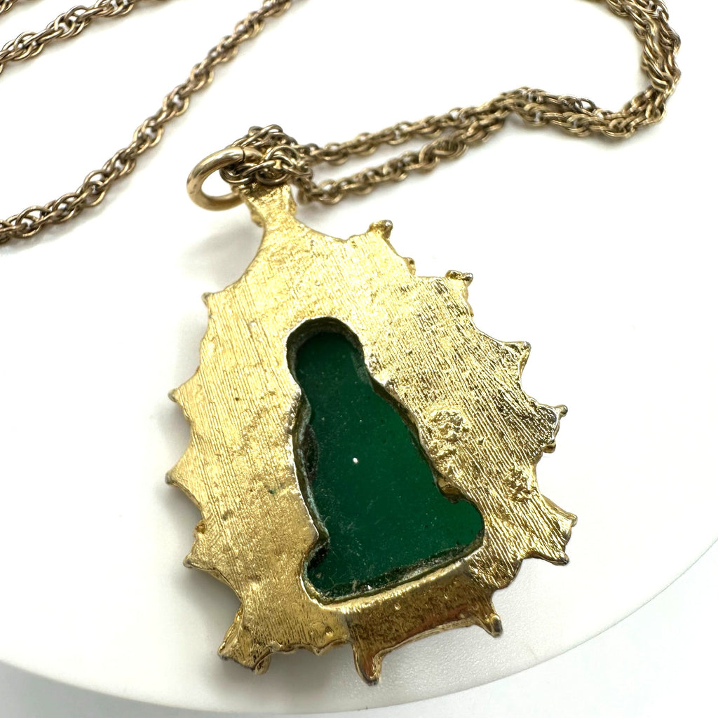 Vintage gold tone green faux jade art glass Buddha pendant 24" chain necklace