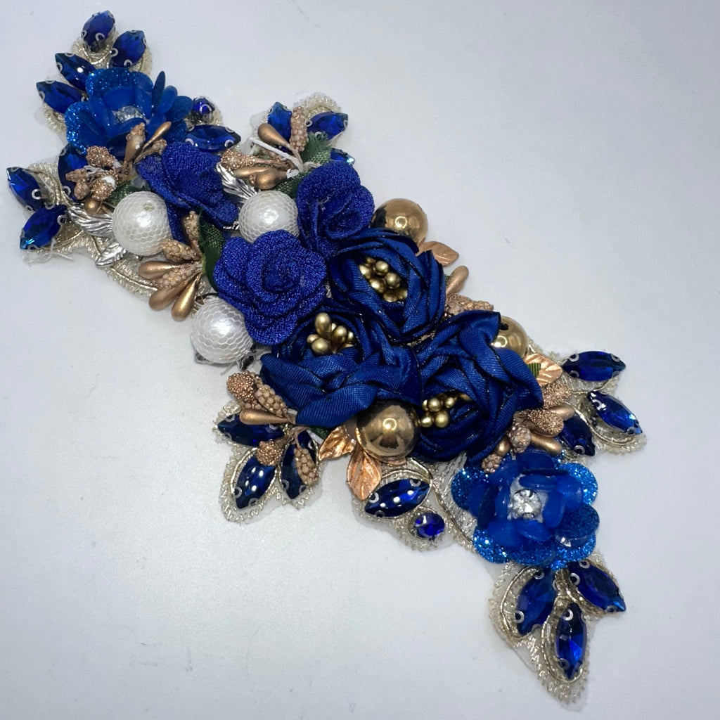 Massive large gold tone blue roses rhinestones pearls beaded sewing applique