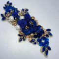 Massive large gold tone blue roses rhinestones pearls beaded sewing applique