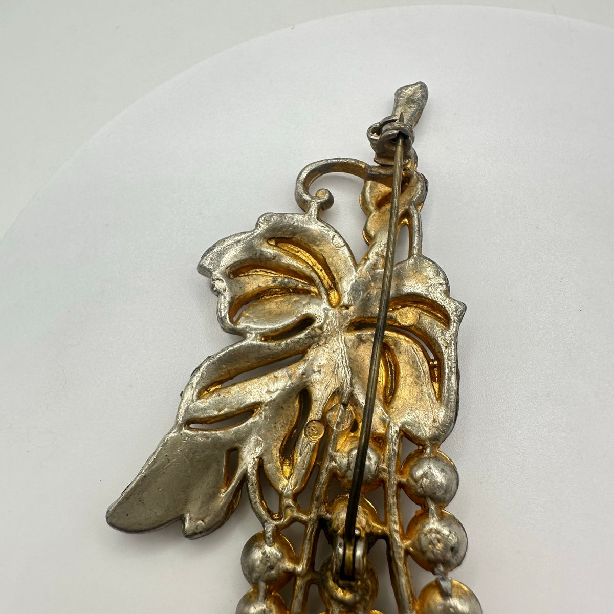 Vintage 1940s gold plated clear rhinestones floral buds fruit brooch pin