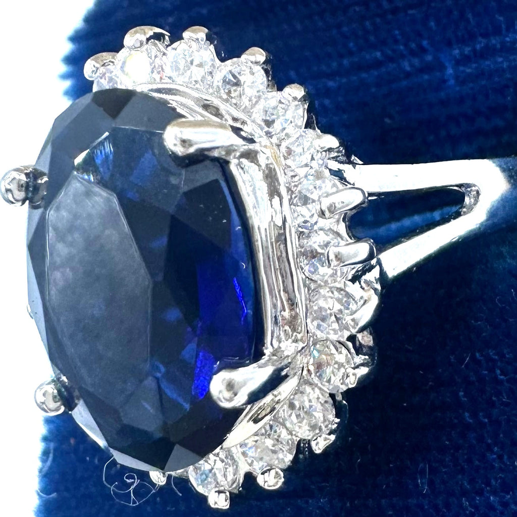 Avon RJ 125th anniversary silver tone royal blue clear cubic zirconia ring 7.5