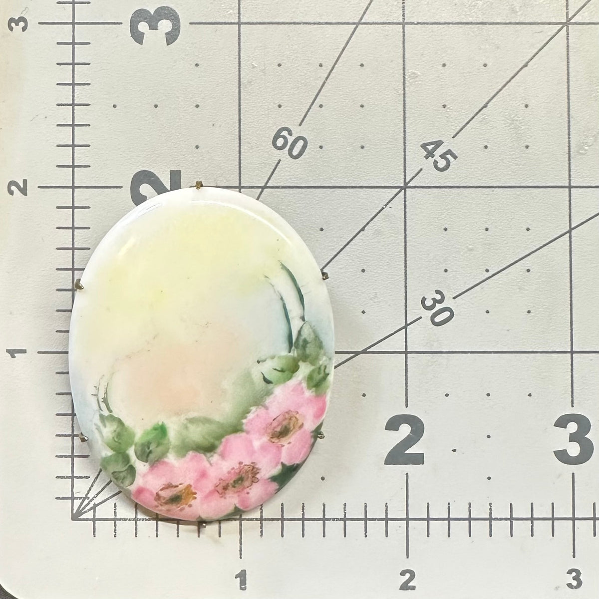Antique Victorian Edwardian hand painted pink green yellow floral brooch pin