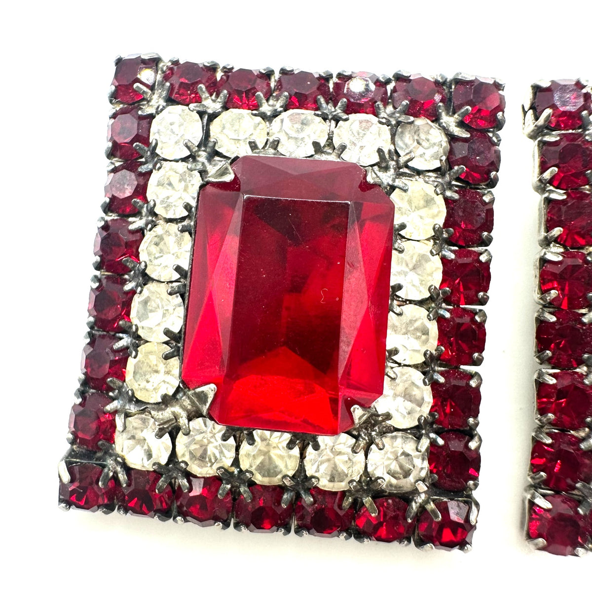 Vintage massive silver tone red rectangular glass rhinestones clip on earrings