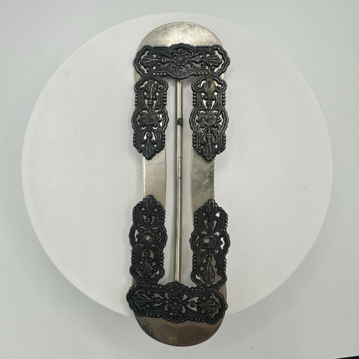 Antique Victorian large silver pewter tone cut steel filigree slider belt buckle