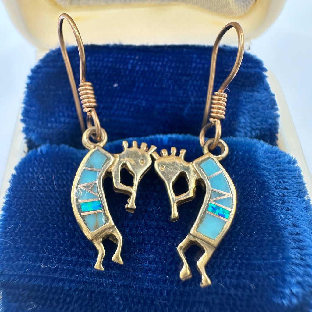 Native American bronze gold tone fire opal turquoise inlay Kokopelli earrings