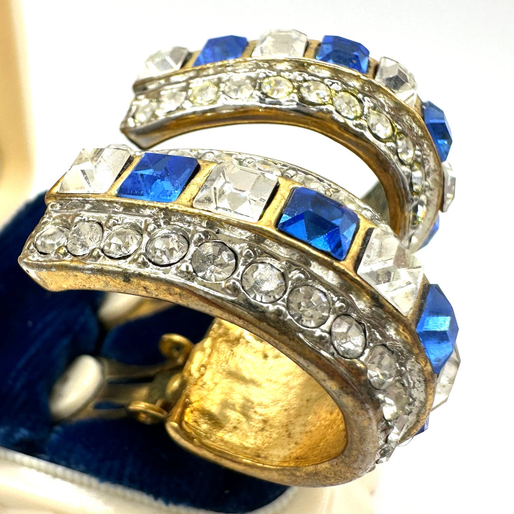Vintage gold tone blue clear rhinestones hoops statement clip on earrings
