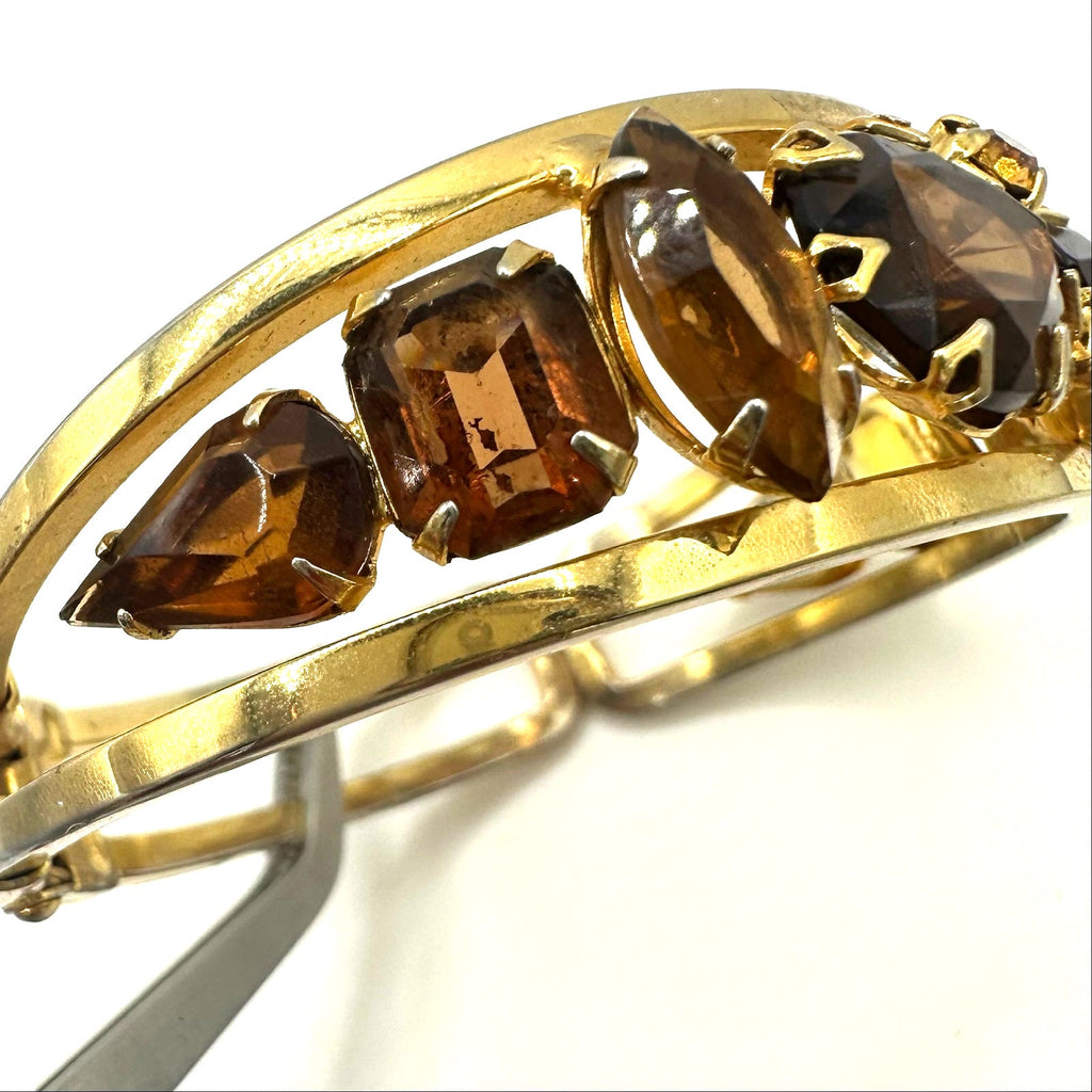 Juliana gold tone brown topaz glass rhinestones clamper bangle bracelet