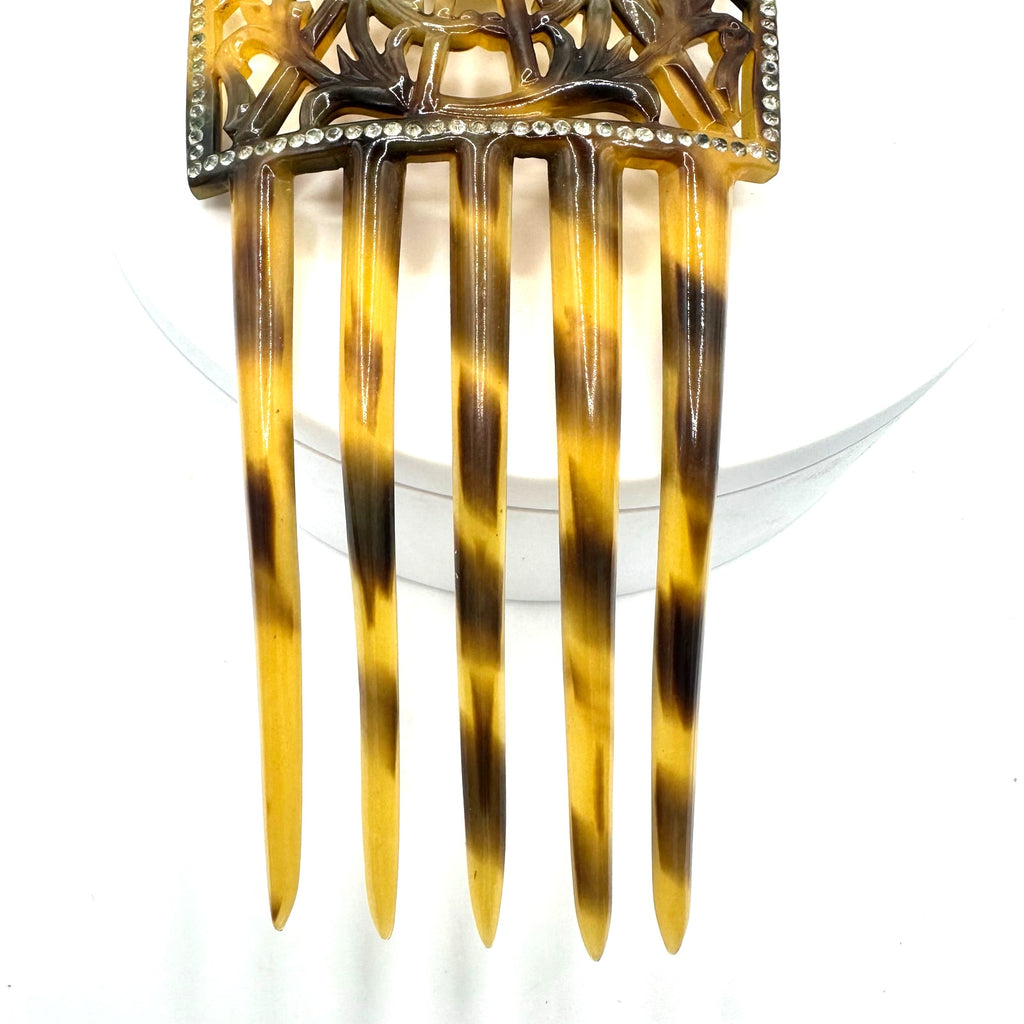 Antique Art Deco faux tortoiseshell celluloid rhinestones heart floral hair comb