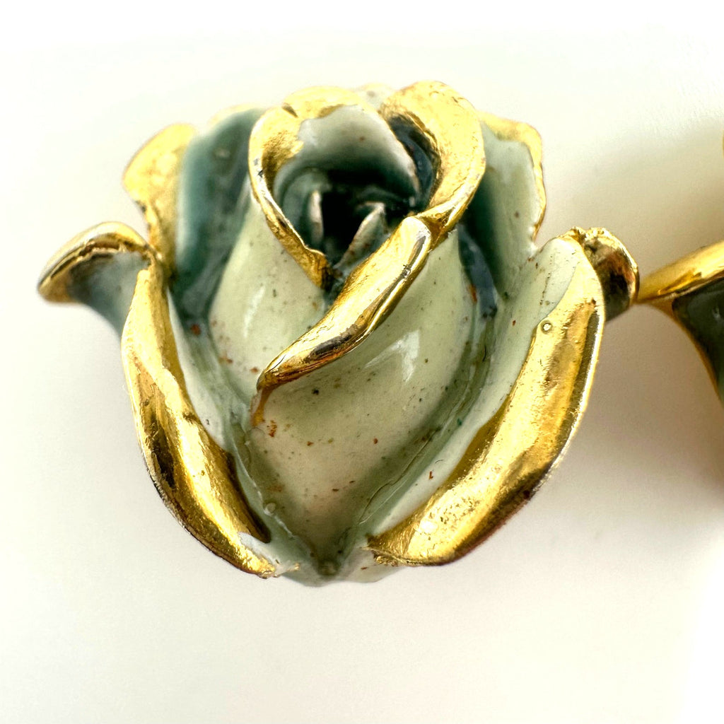 Capri signed vintage gold tone blue enamel 3D roses floral clip on earrings