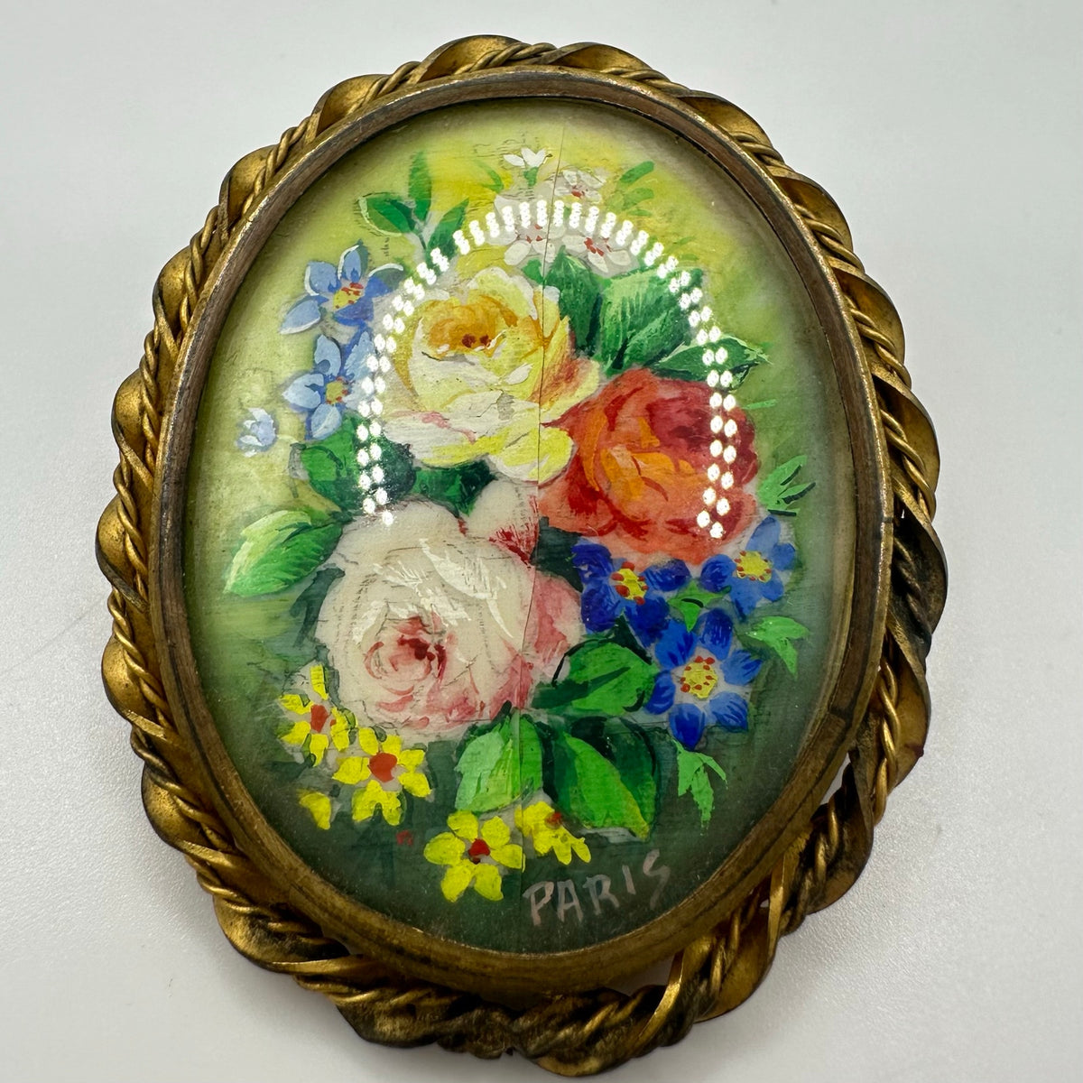 Paris vintage oval brass hand painted multicolor flowers floral bouquet brooch