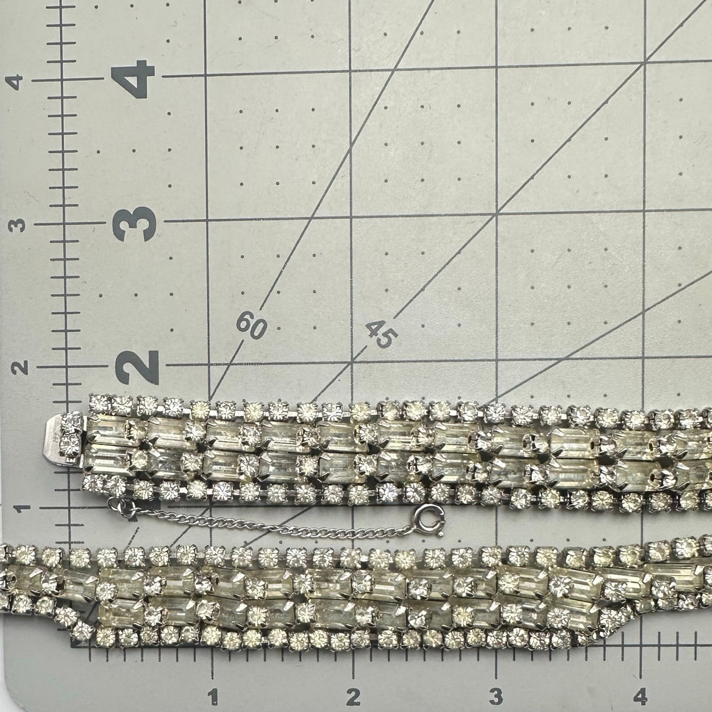 Vintage 1950s silver tone clear rhinestones tennis bracelet necklace parure