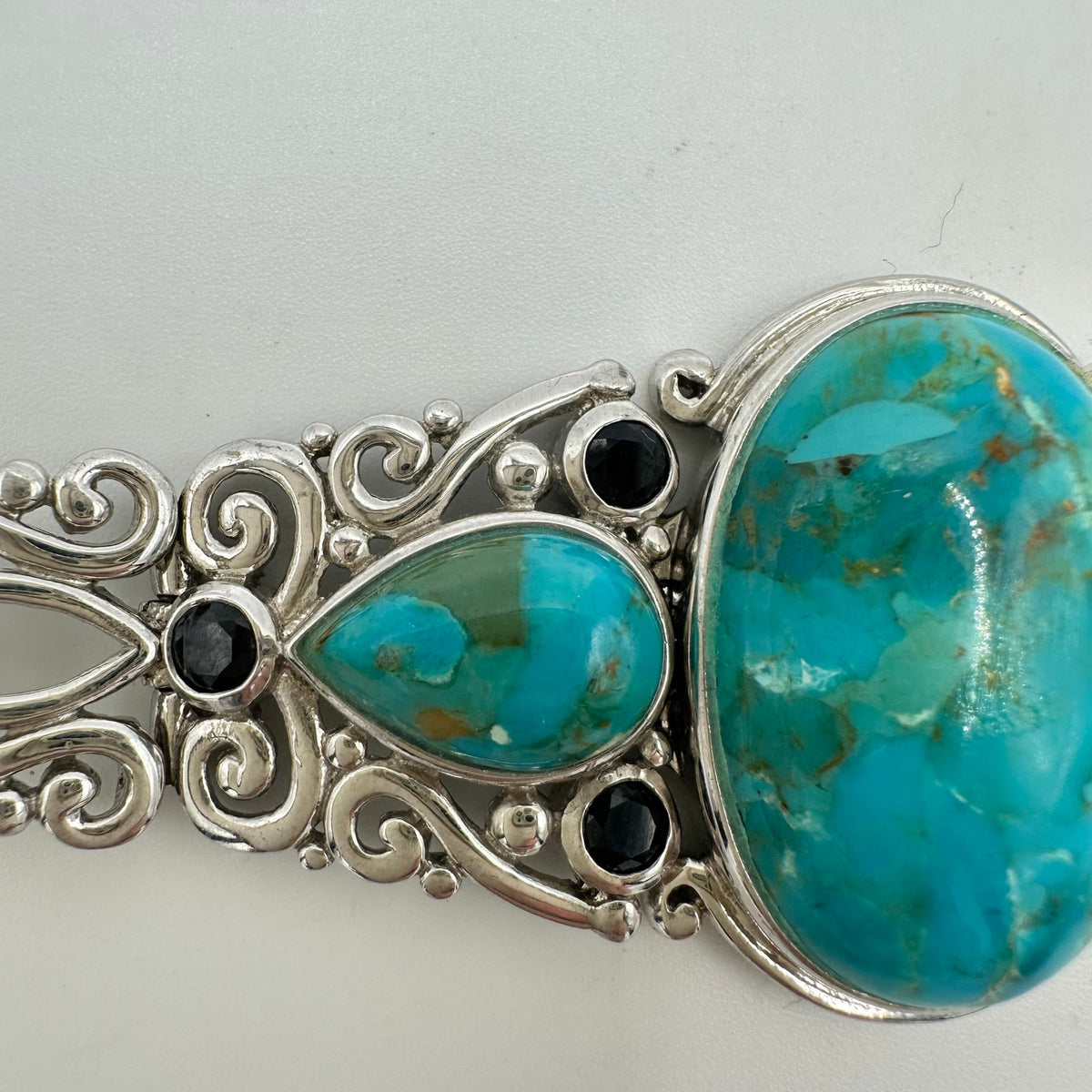 NF Thailand 925 sterling silver turquoise cabochons black rhinestones bracelet