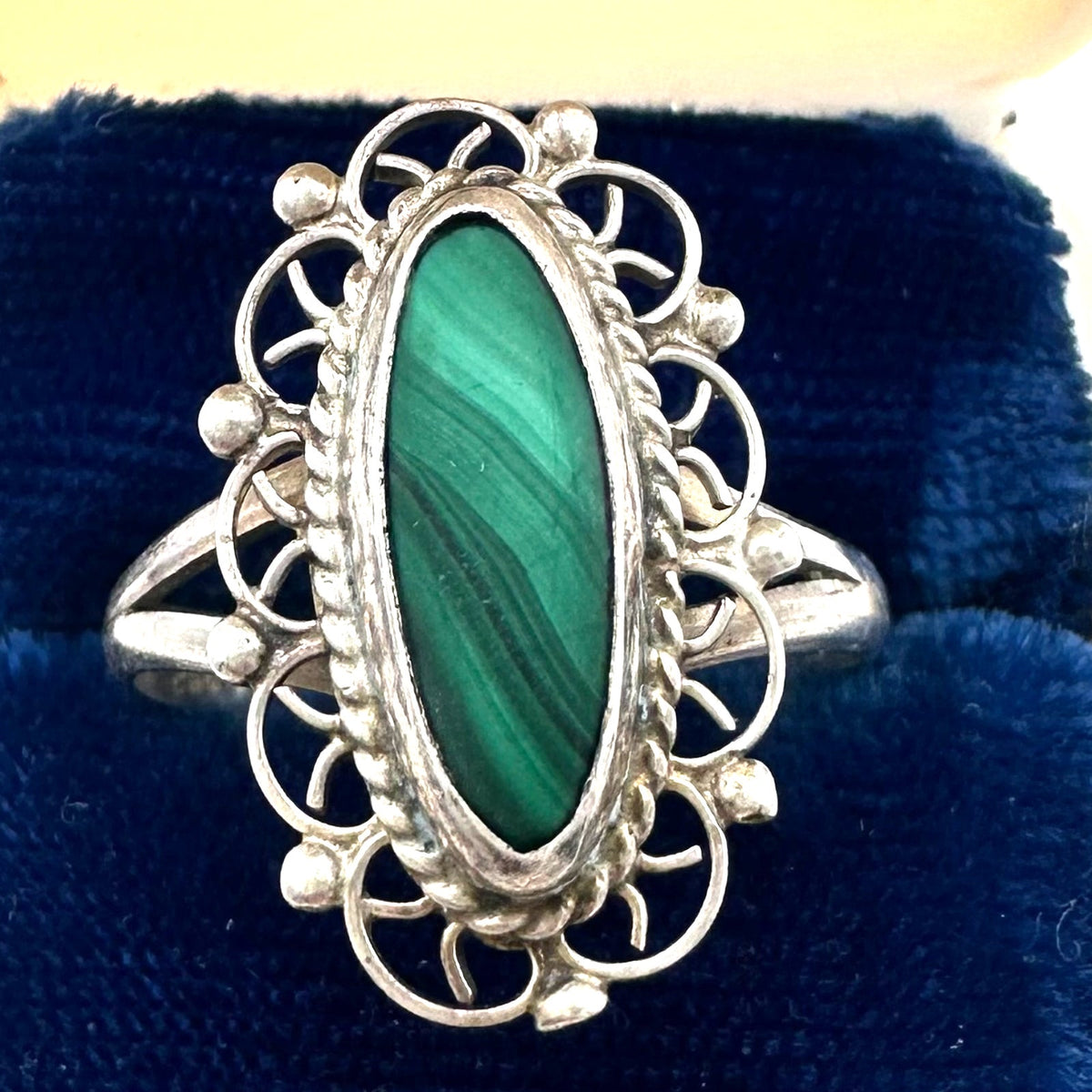 Taxco Mexico vintage 925 sterling silver green malachite cabochon ring size 9.5