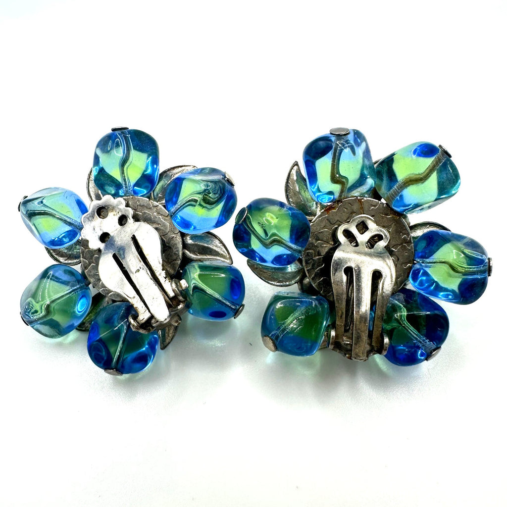 Vintage silver tone blue green givré uranium glass rhinestones clip on earrings