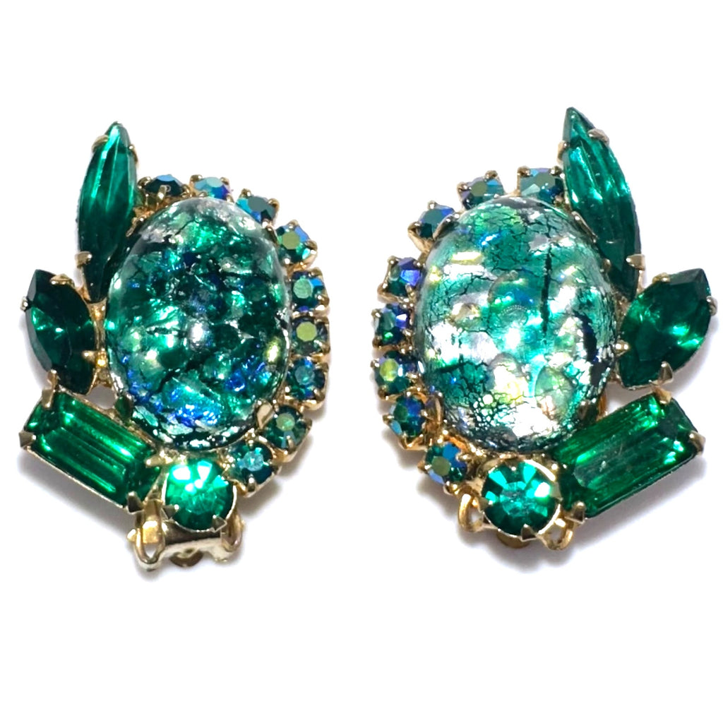 Juliana 1960s vintage gold tone green art glass AB rhinestones clip on earrings